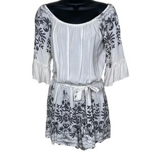 Amiani White Embroidered Floral Romper Off Shoulder Bell Sleeve Womens LBoho